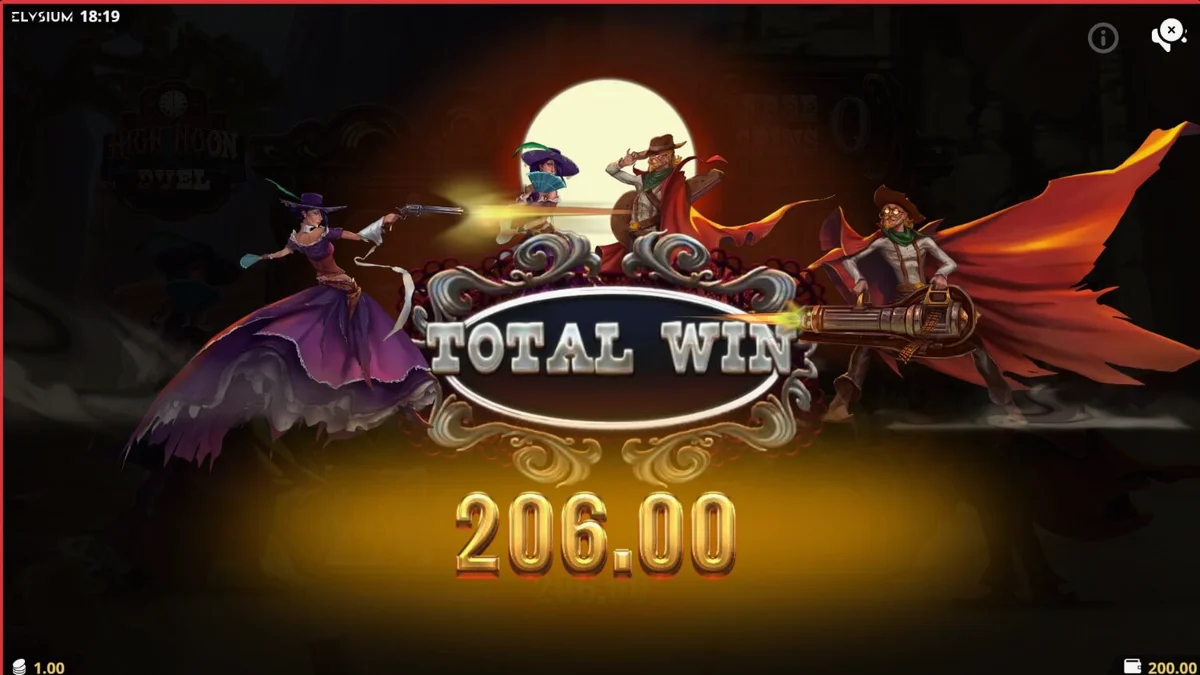 Pemandangan gurun Wild West dengan karakter Pistol Belle dan The Iron Cowboy dalam slot High Noon Duel