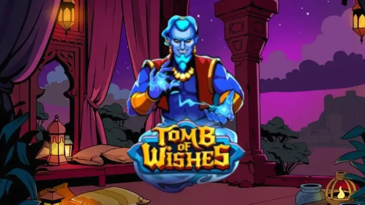 Tampilan visual slot Tomb of Wishes dengan latar belakang ruang harta karun Arab